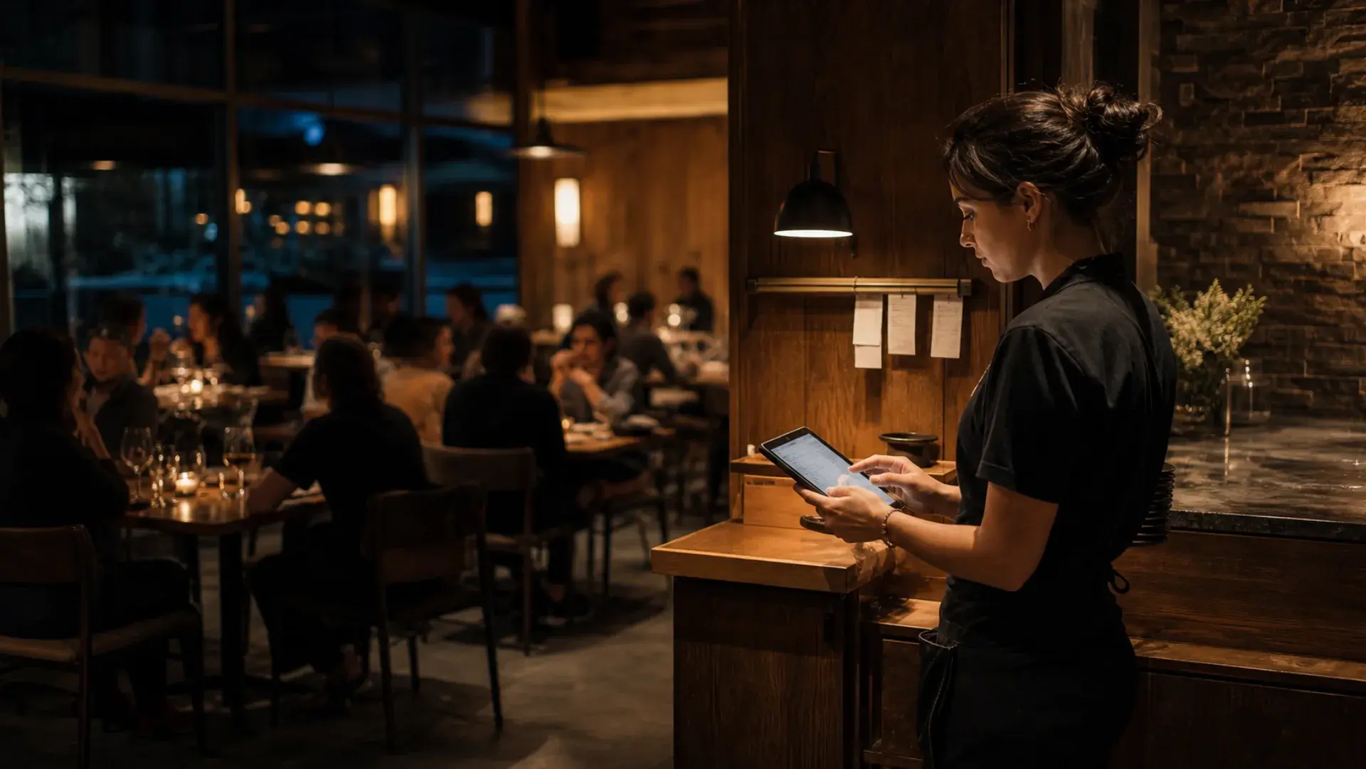 A restaurant team member reviewing service information on a tablet during dinner service