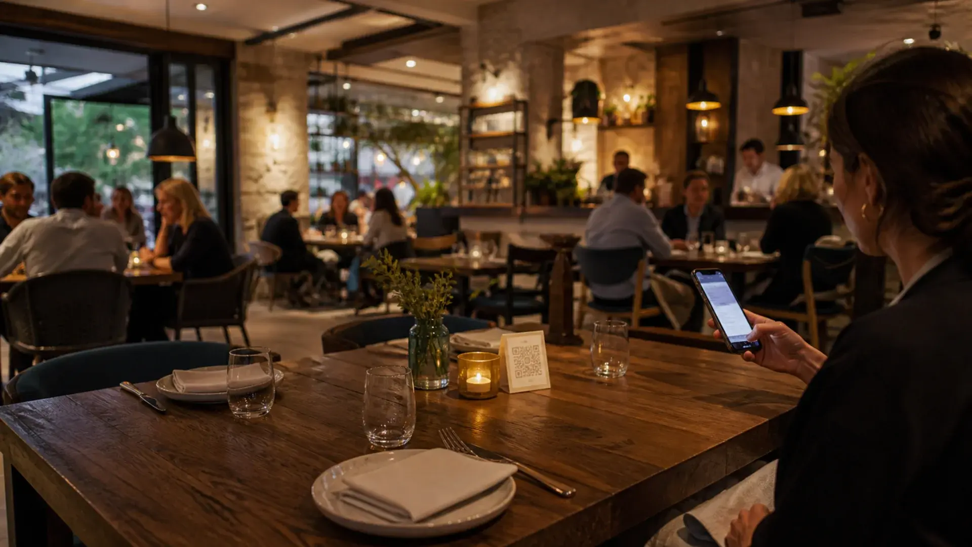 Guests dining in a contemporary restaurant while using a phone at their table